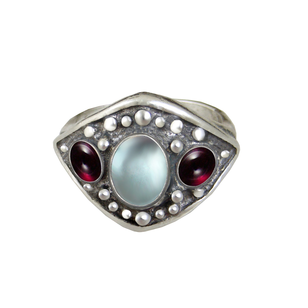 Sterling Silver Medieval Lady's Ring with Blue Topaz And Garnet Size 8
